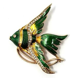 Swarovski vintage angel fish brooch in green & gold enamel with clear crystals